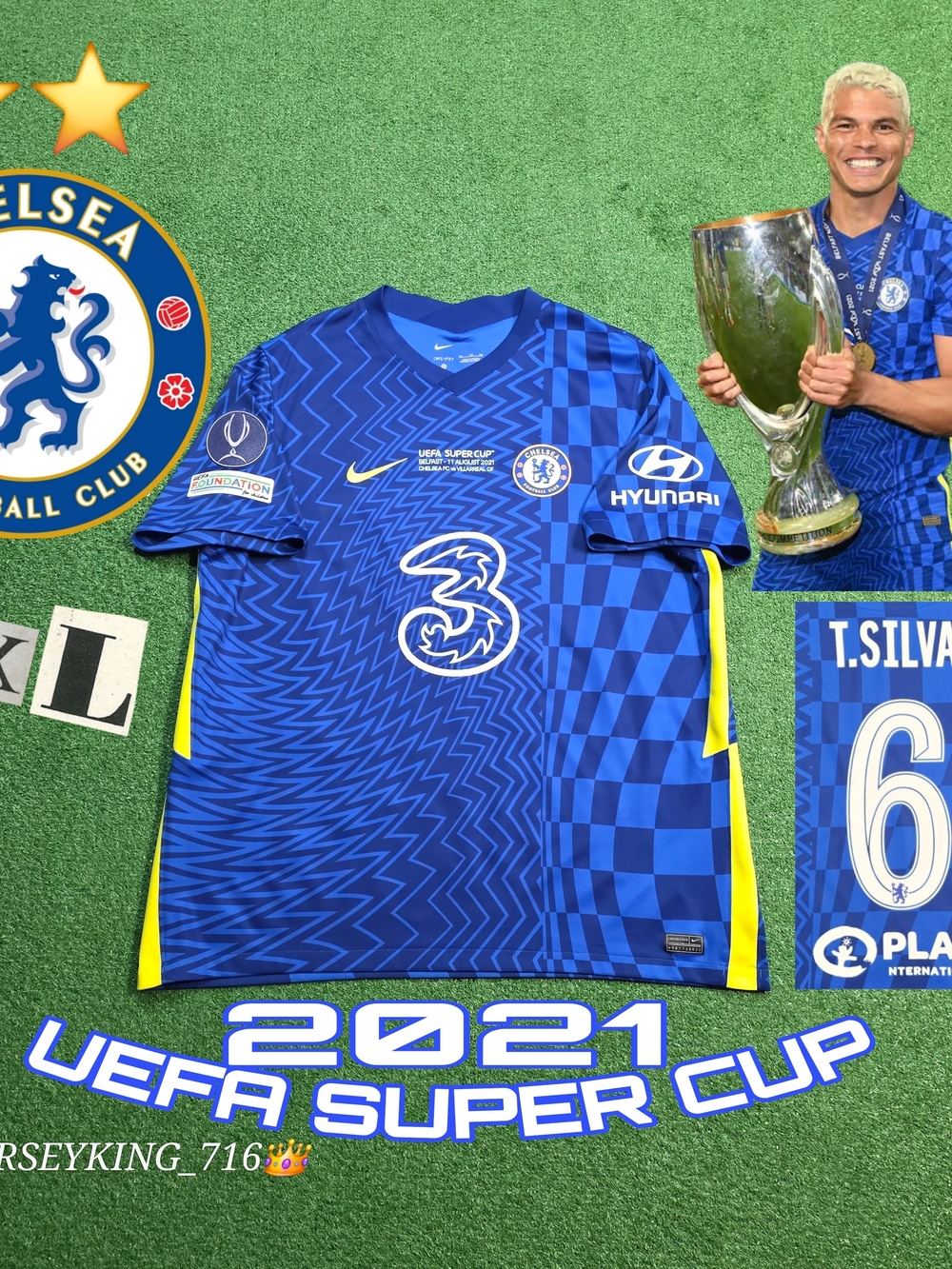 Nike Chelsea FC Thiago Silva #6 2021 UEFA Super Cup Home Blue Jersey Rare XXL